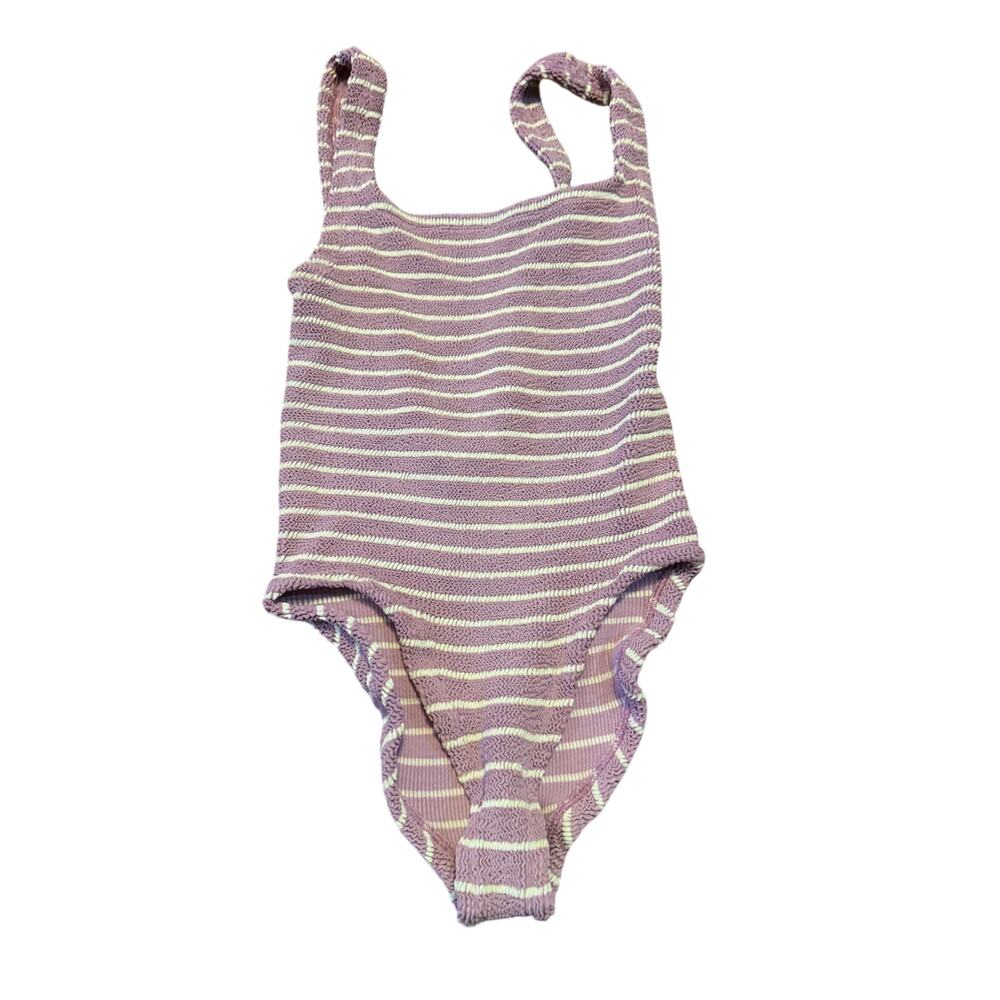 Hunza G textured crinkle purple striped swimsuit